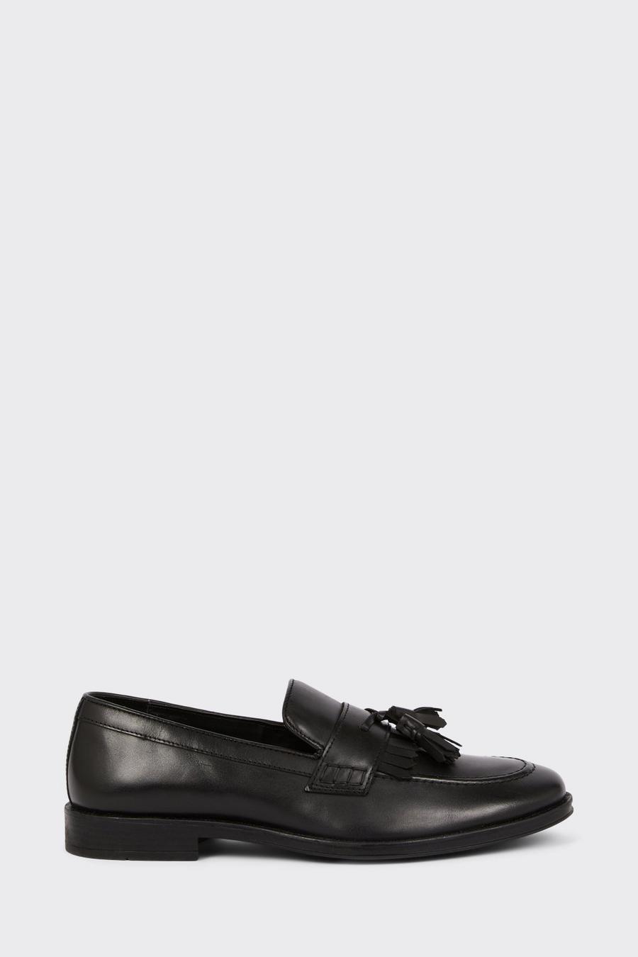 Black Smart Leather Tassel Slip On Loafers