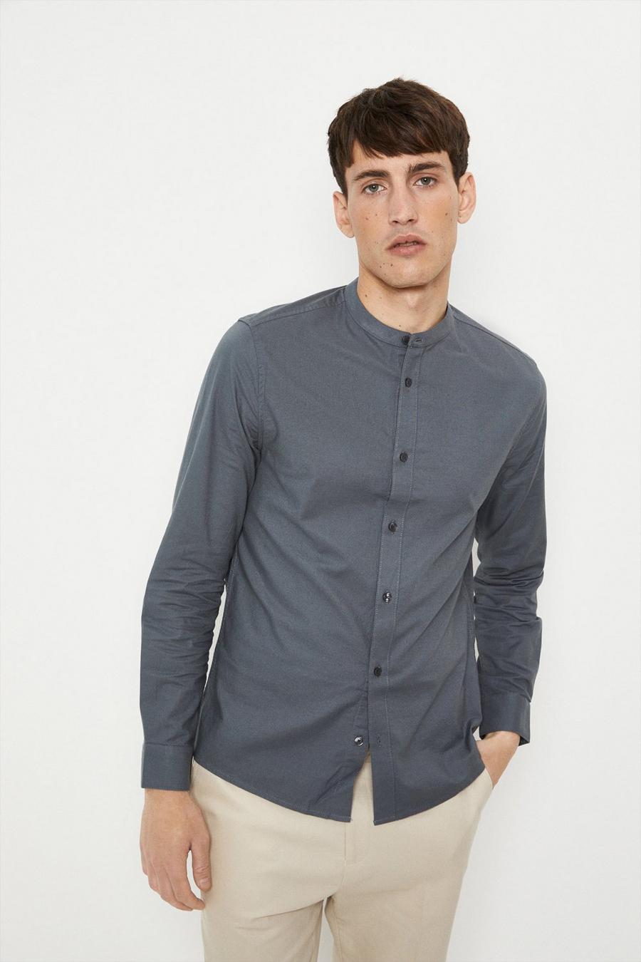 Long Sleeve Grey Grandad Collar Oxford Shirt