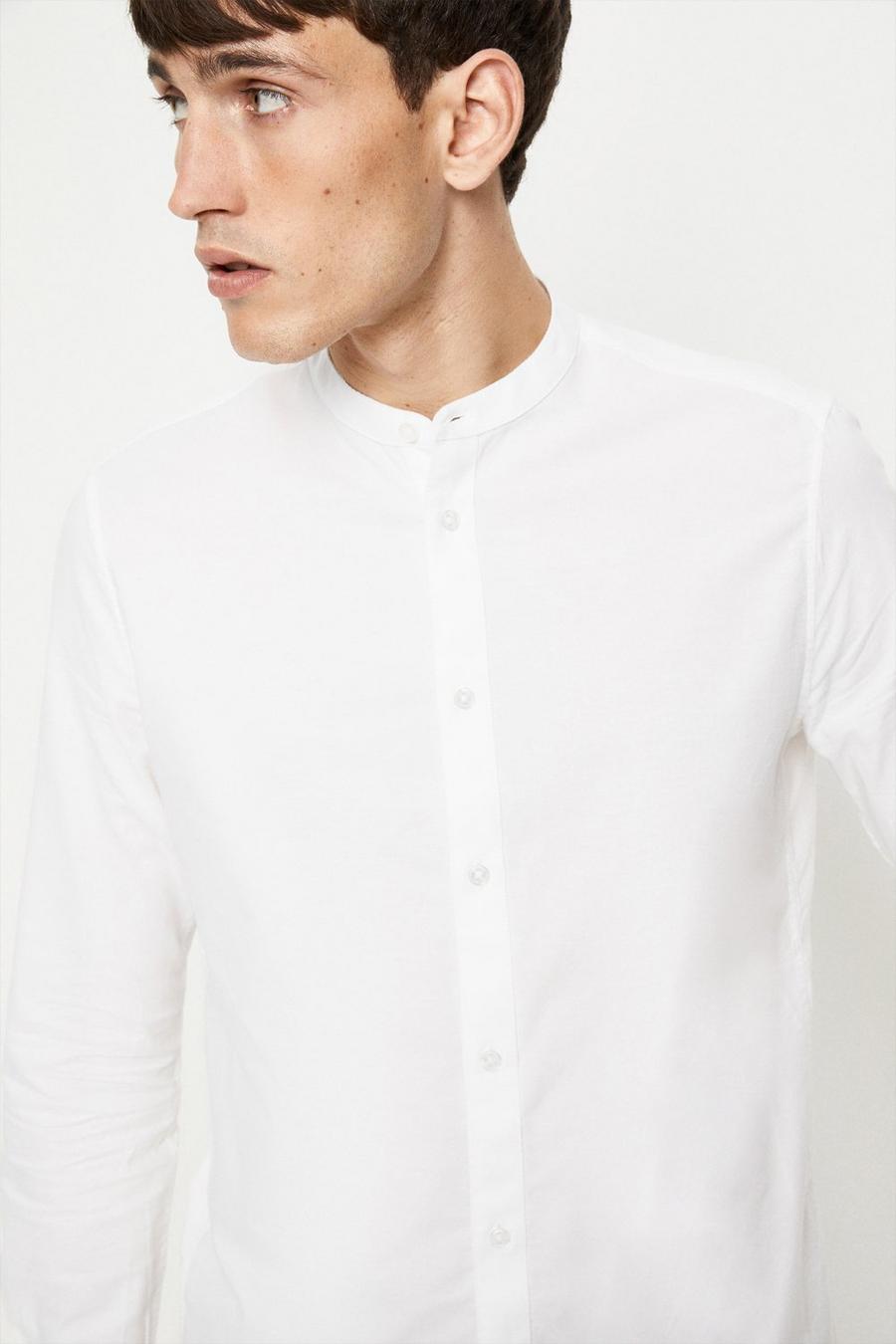 Long Sleeve White Grandad Collar Oxford Shirt