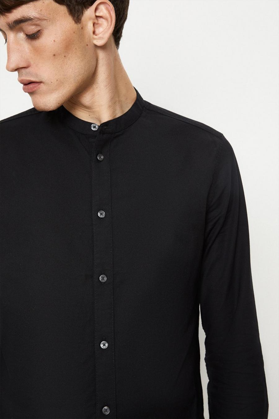 Long Sleeve Black Grandad Collar Oxford Shirt