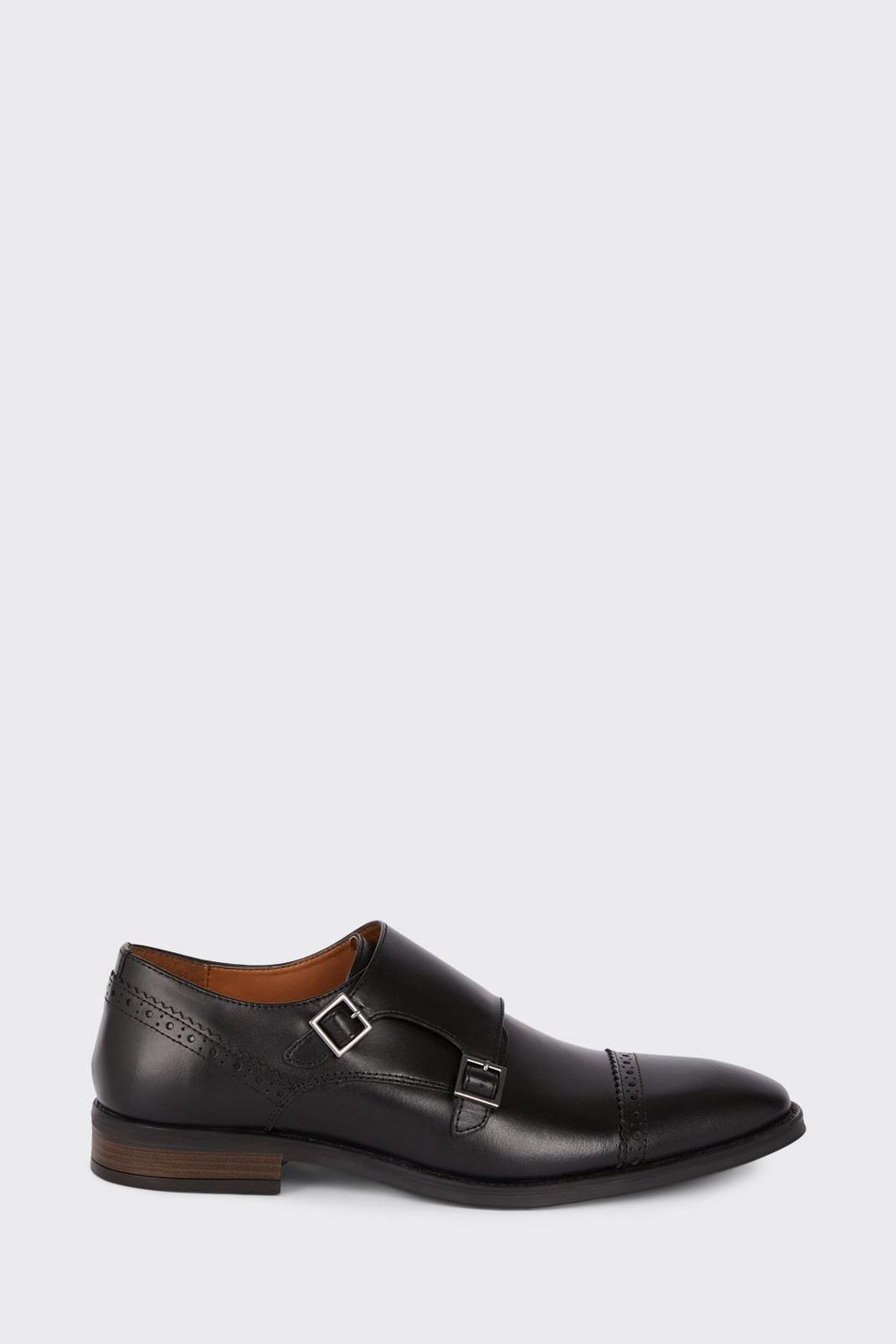 Leather Smart Black Brogue Monk Shoes image number 1