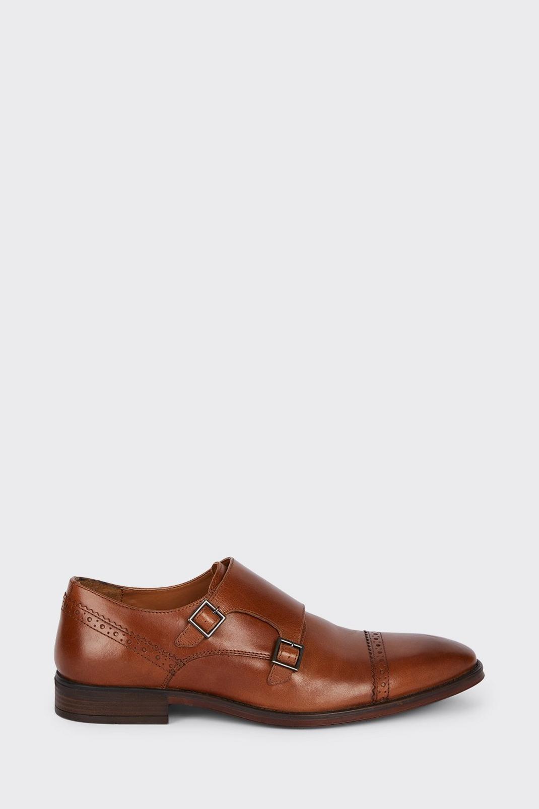 Tan Leather Smart Brogue Monk Shoes image number 1