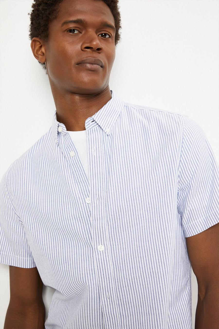 Short Sleeve Stripe Cotton Oxford Shirt