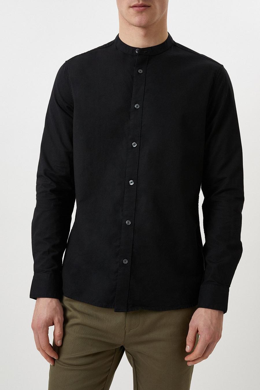 Black Long Sleeve Grandad Oxford Shirt 