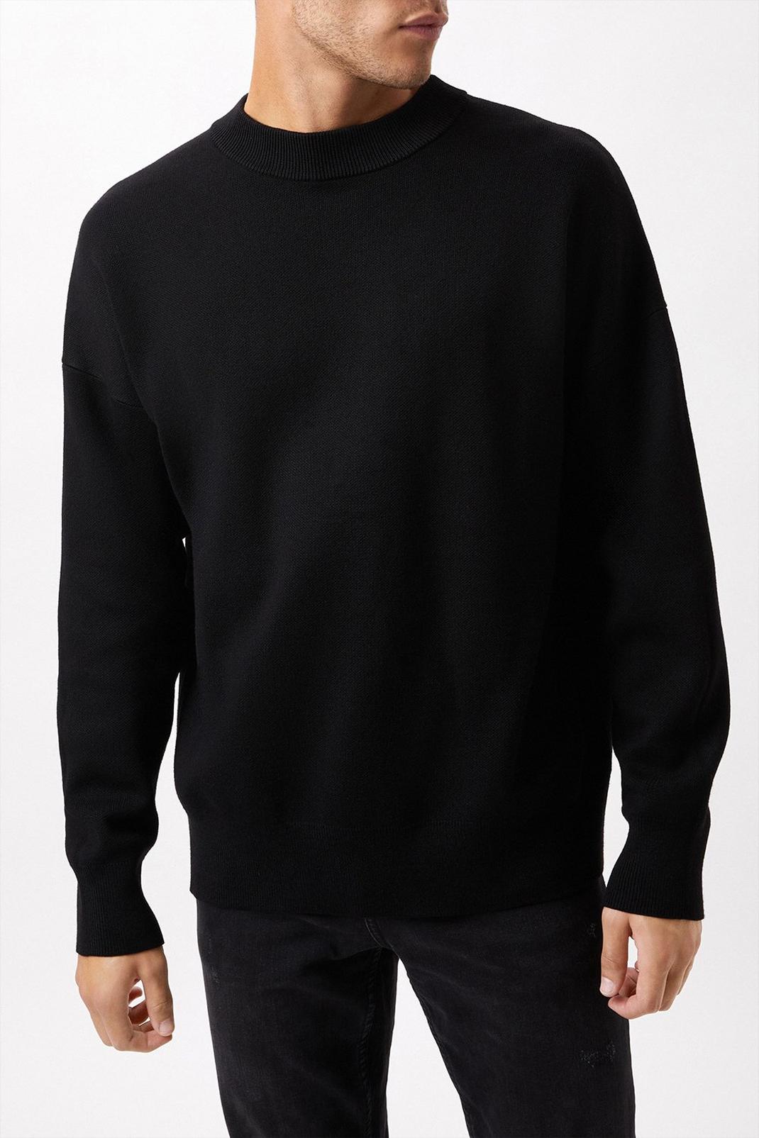 Premium Black Relaxed Knitted Crew Neck Jumper image number 1
