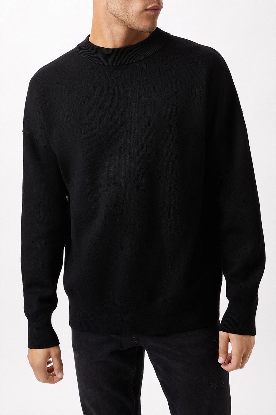 Premium Black Relaxed Knitted Crew Neck Jumper