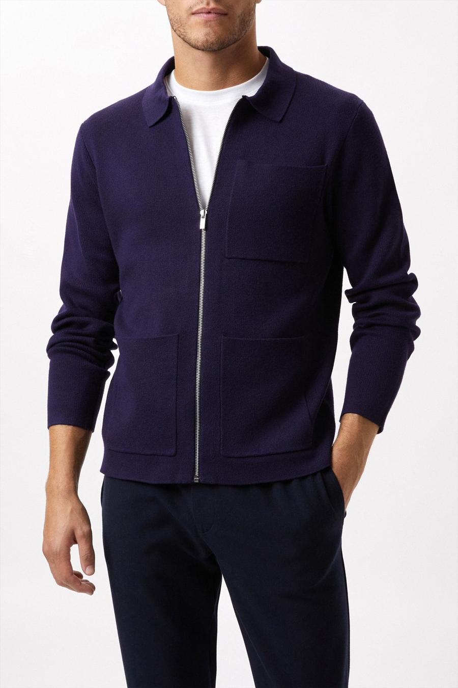 Premium Navy  Zip Polo Neck Knitted Cardigan