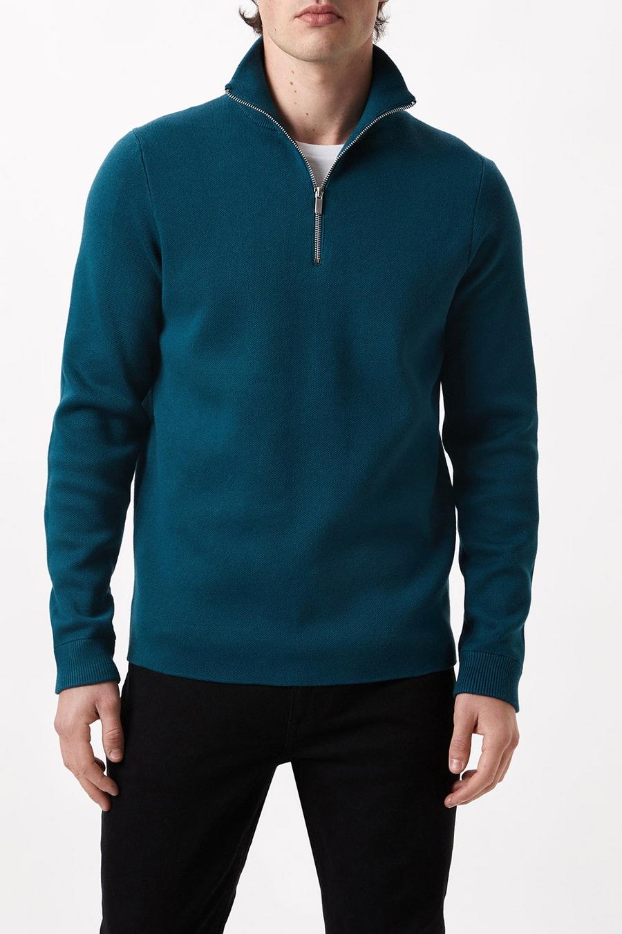 Premium Teal Knitted Zip Funnel Neck