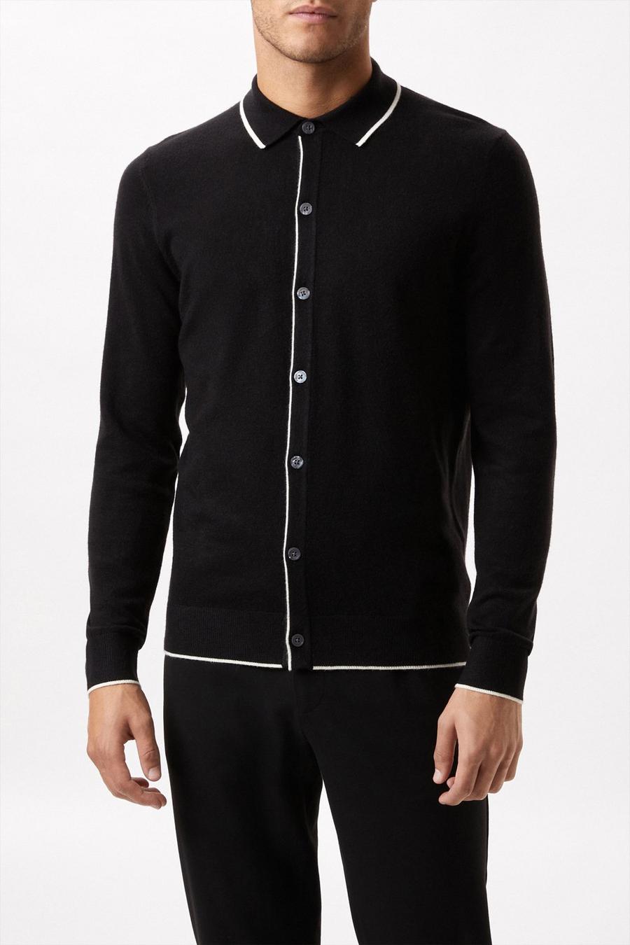 Super Soft Black Tipped Placket Knitted Shirt