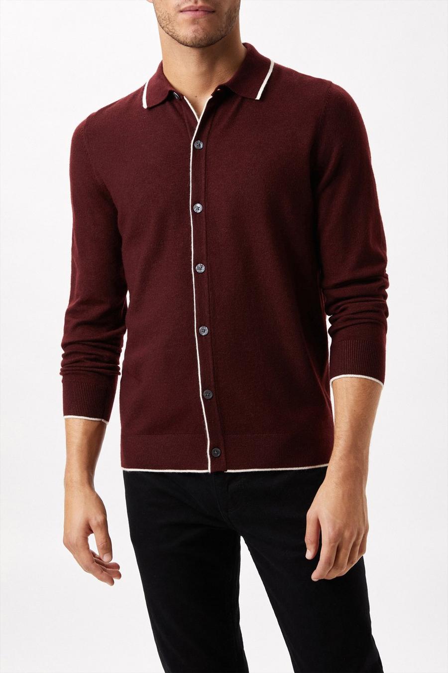 Super Soft Burgundy Tipped Placket Knitted Shirt