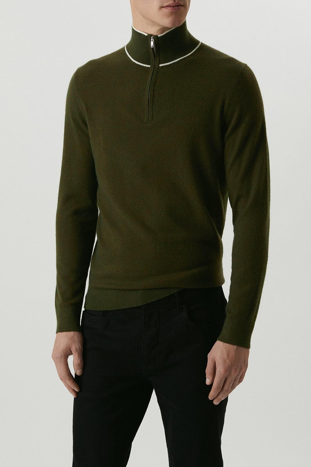 Super Soft Khaki Tipped 1/4 Zip Knitted Funnel Jumper image number 1