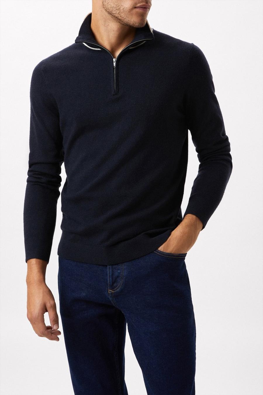 Super Soft Navy Tipped 1/4 Zip Knitted Funnel