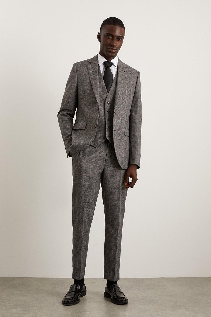 Skinny Fit Grey Blue Highlight Check Three-Piece Suit
