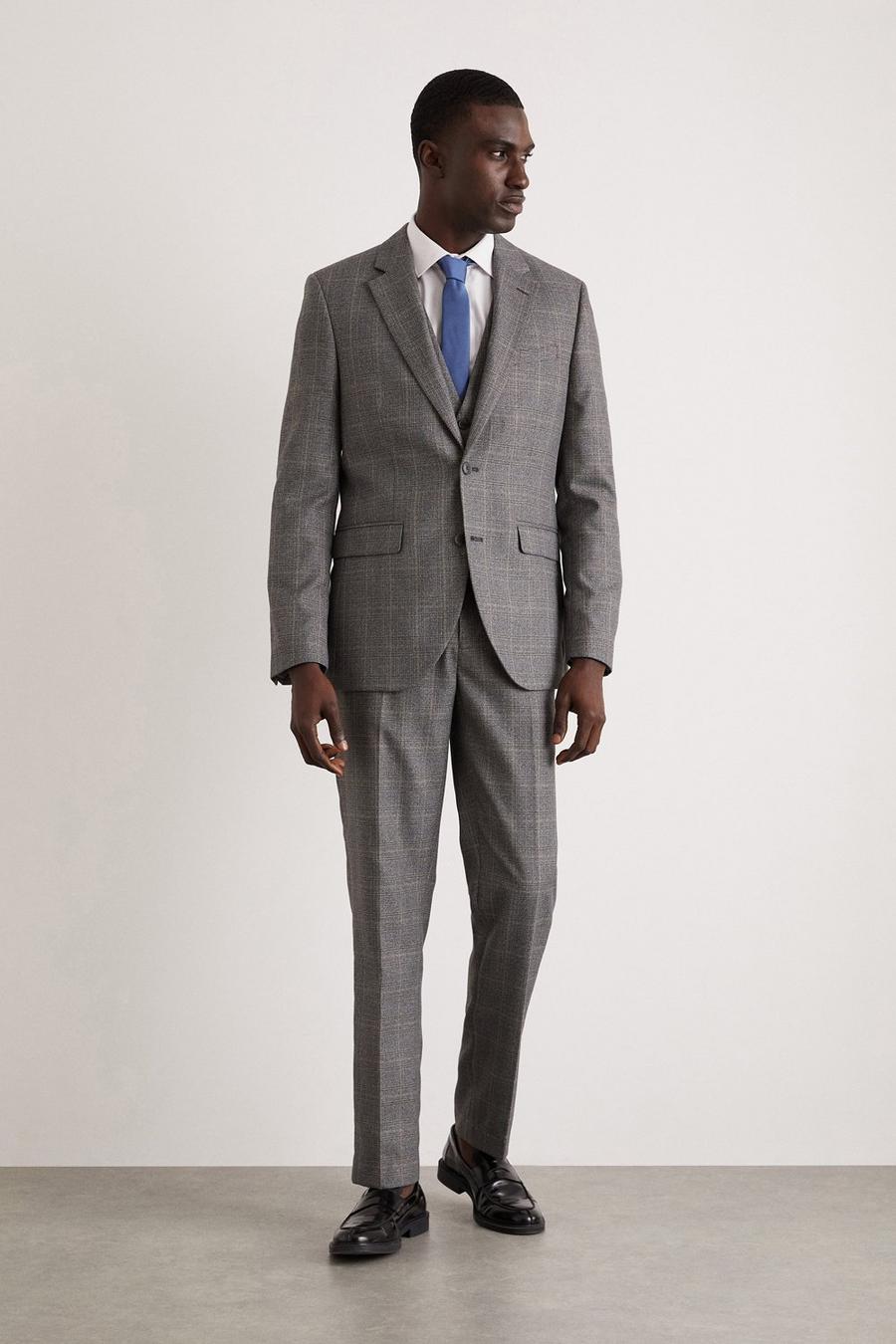 Slim Fit Grey Blue Highlight Check Three-Piece Suit
