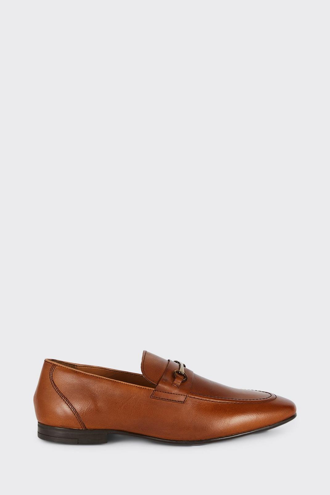 Tan Leather Gold Buckle Slip On Loafers image number 1