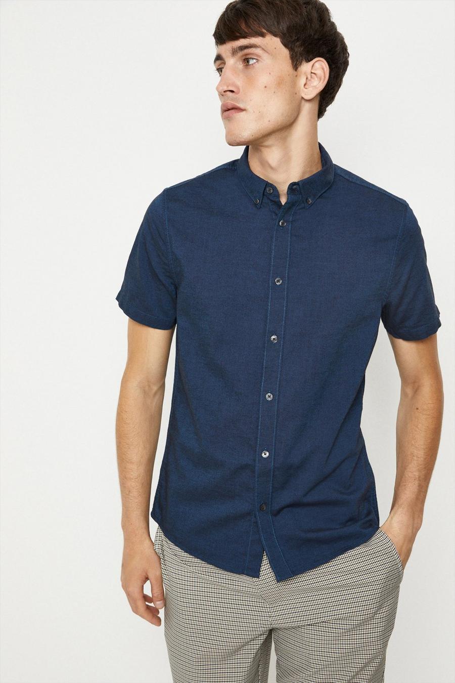 Short Sleeve Marine Blue Cotton Oxford Shirt