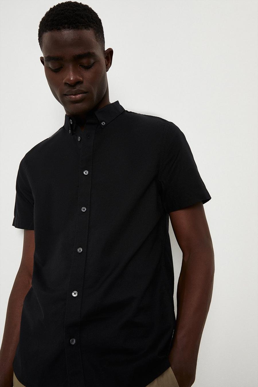 Short Sleeve Black Cotton Oxford Shirt
