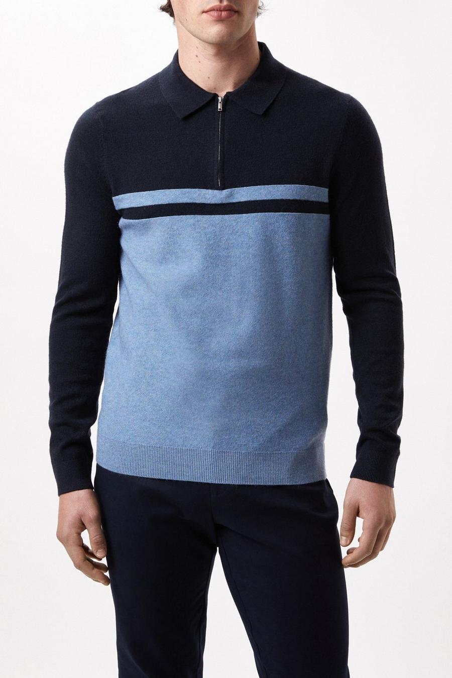 Super Soft Navy Two Tone Knitted Zip Up Polo Shirt