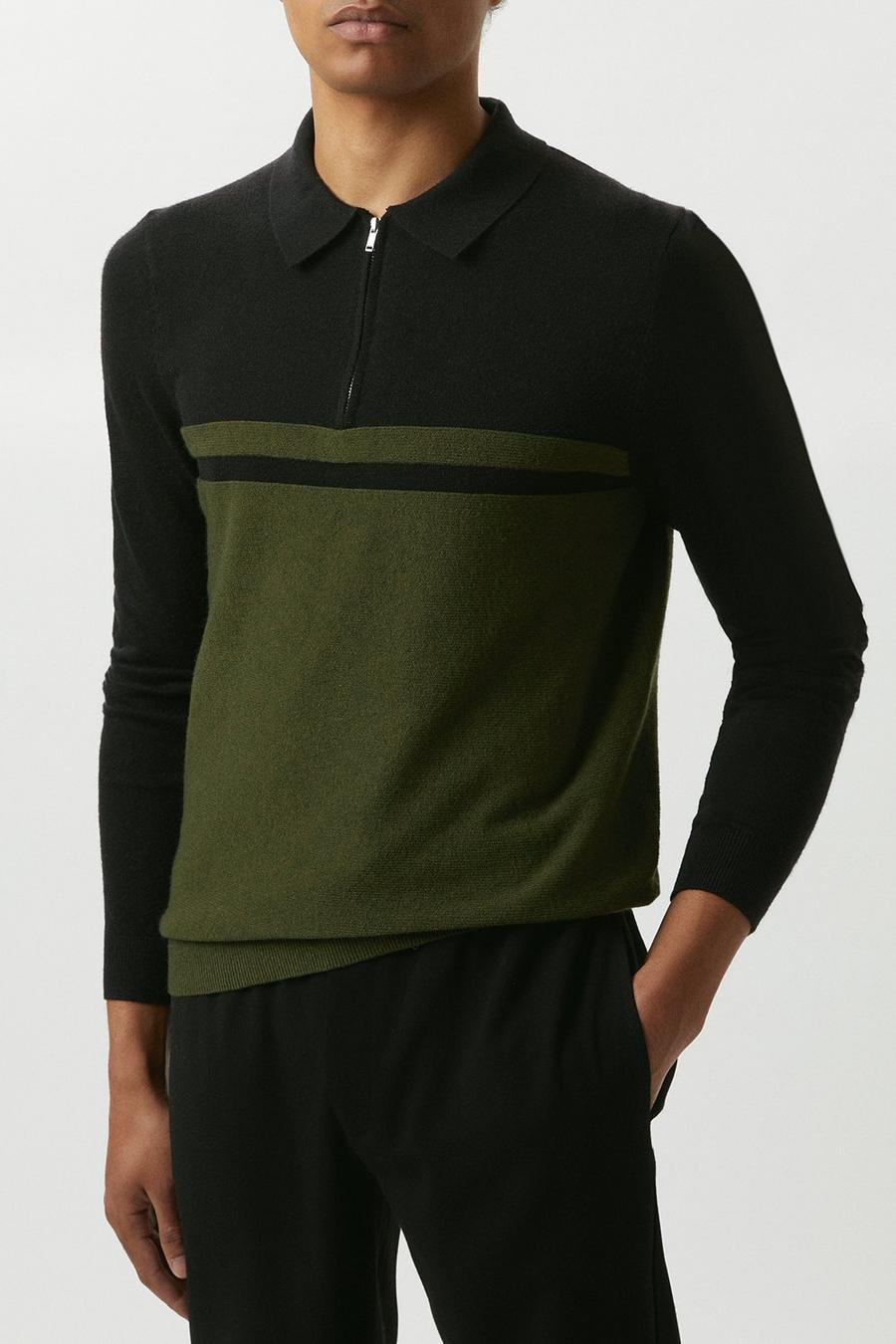Super Soft Khaki Two Tone Knitted Zip Up Polo Shirt