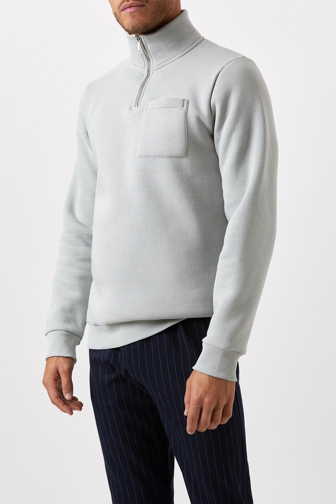 Grey Spearmint Pocket Detail 1/4 Zip Funnel Sweatshirt image number 1