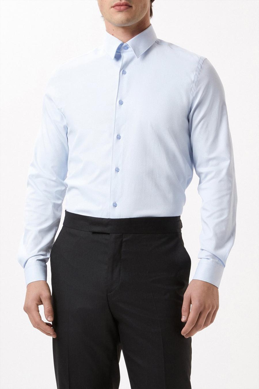 Blue Slim Fit Long Sleeve Point Collar Twill Shirt