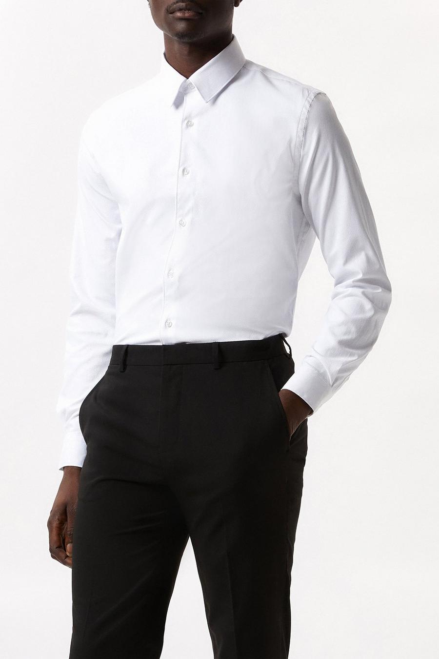 White Slim Fit Long Sleeve Point Collar Twill Shirt