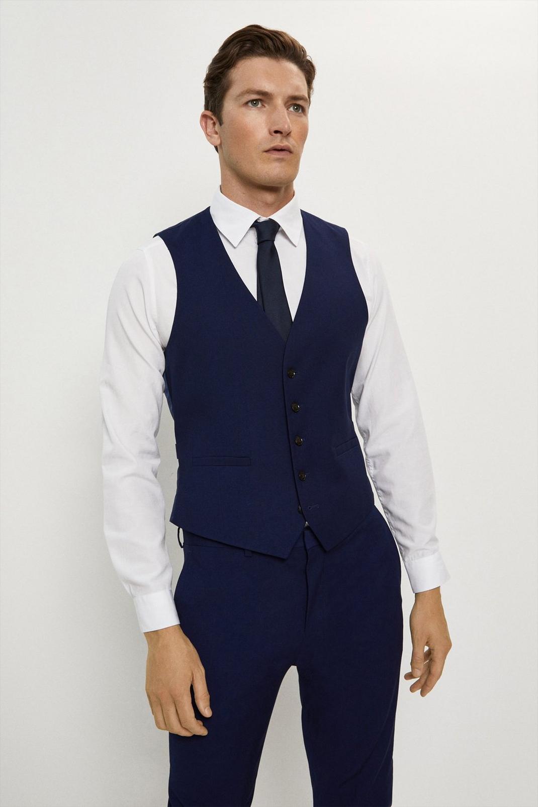 Skinny Fit Navy Textured Suit Waistcoat image number 1