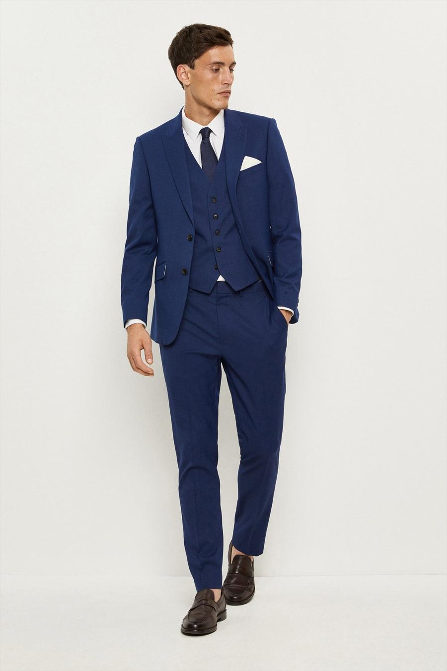 Slim Fit Blue Slub Three - Piece Suit