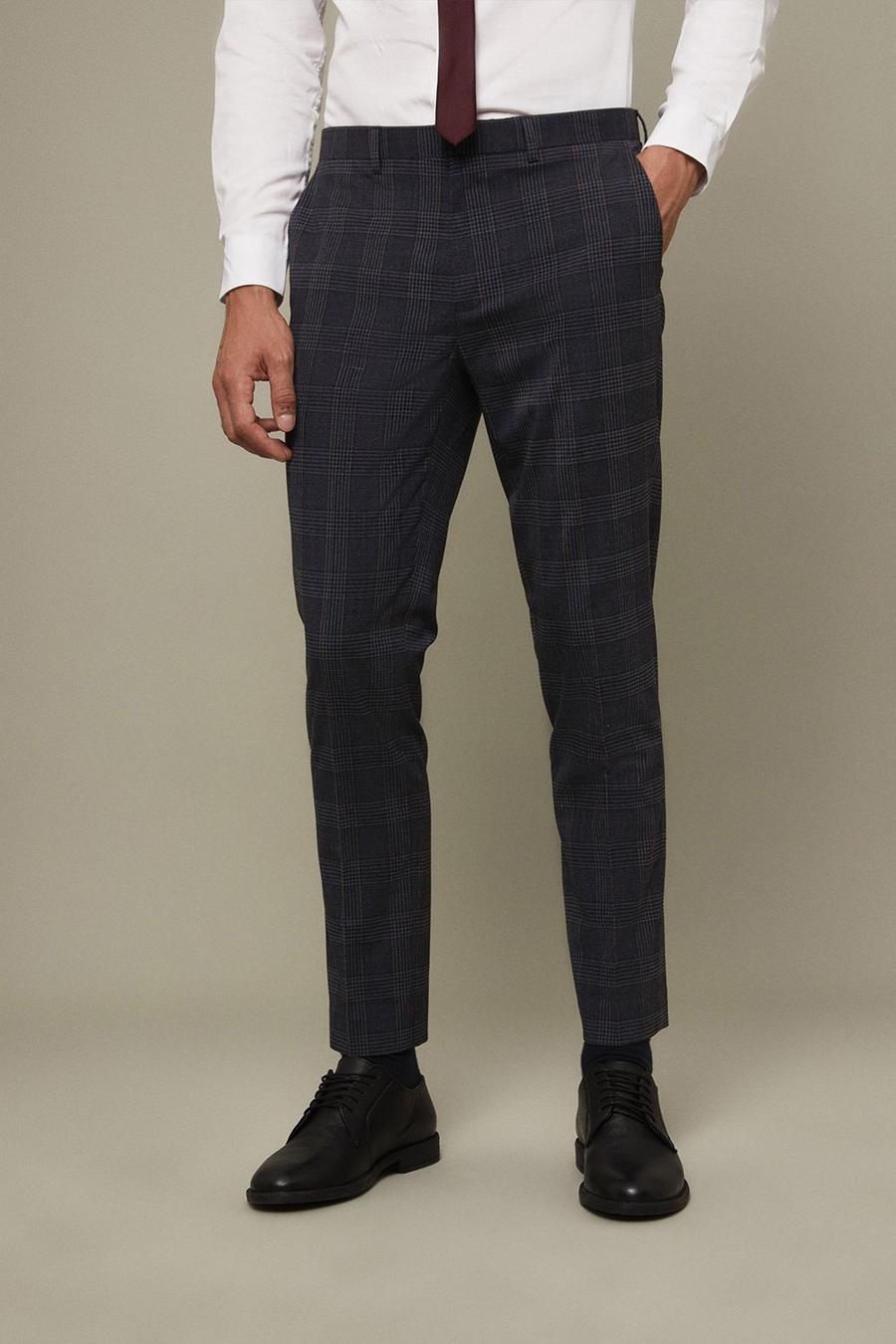 Skinny Fit Grey And Burgundy Check Suit Trousers