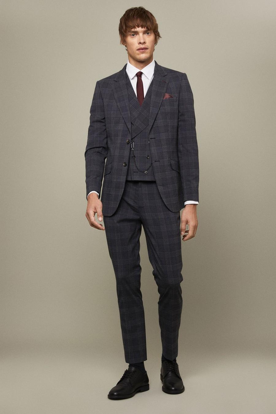 Skinny Fit Grey And Burgundy Retro Check Three-Piece Suit 