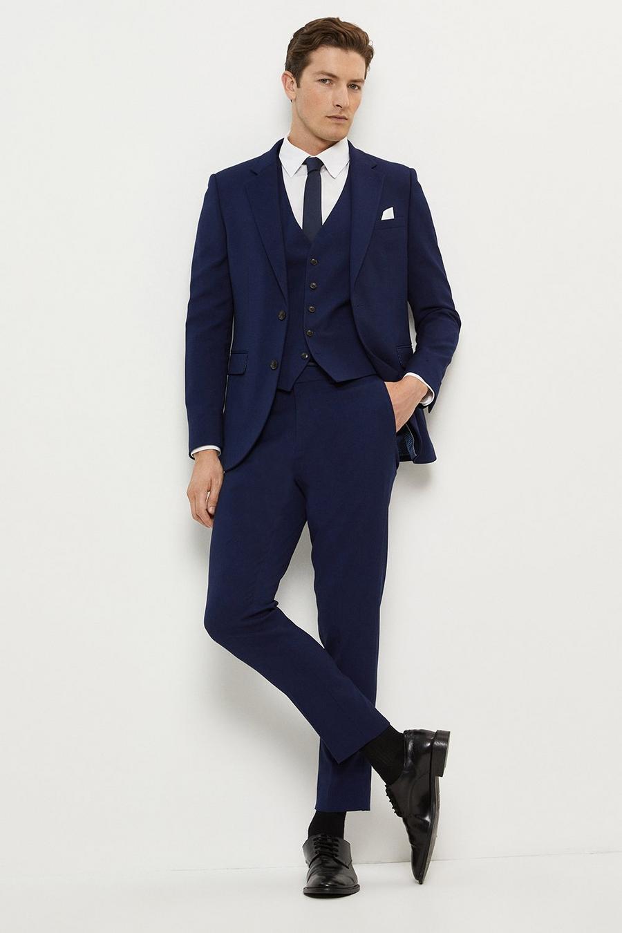 Skinny Fit Blue Textured Three- Piece Suit