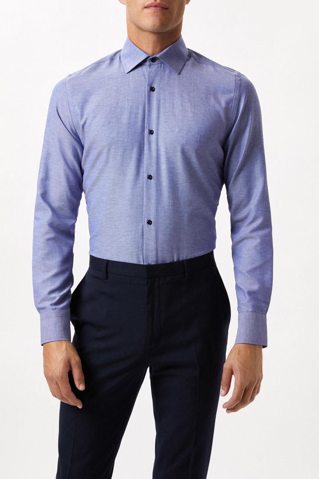 Blue Long Sleeve Tailored Fit Basket Weave Smart Shirt image number 1