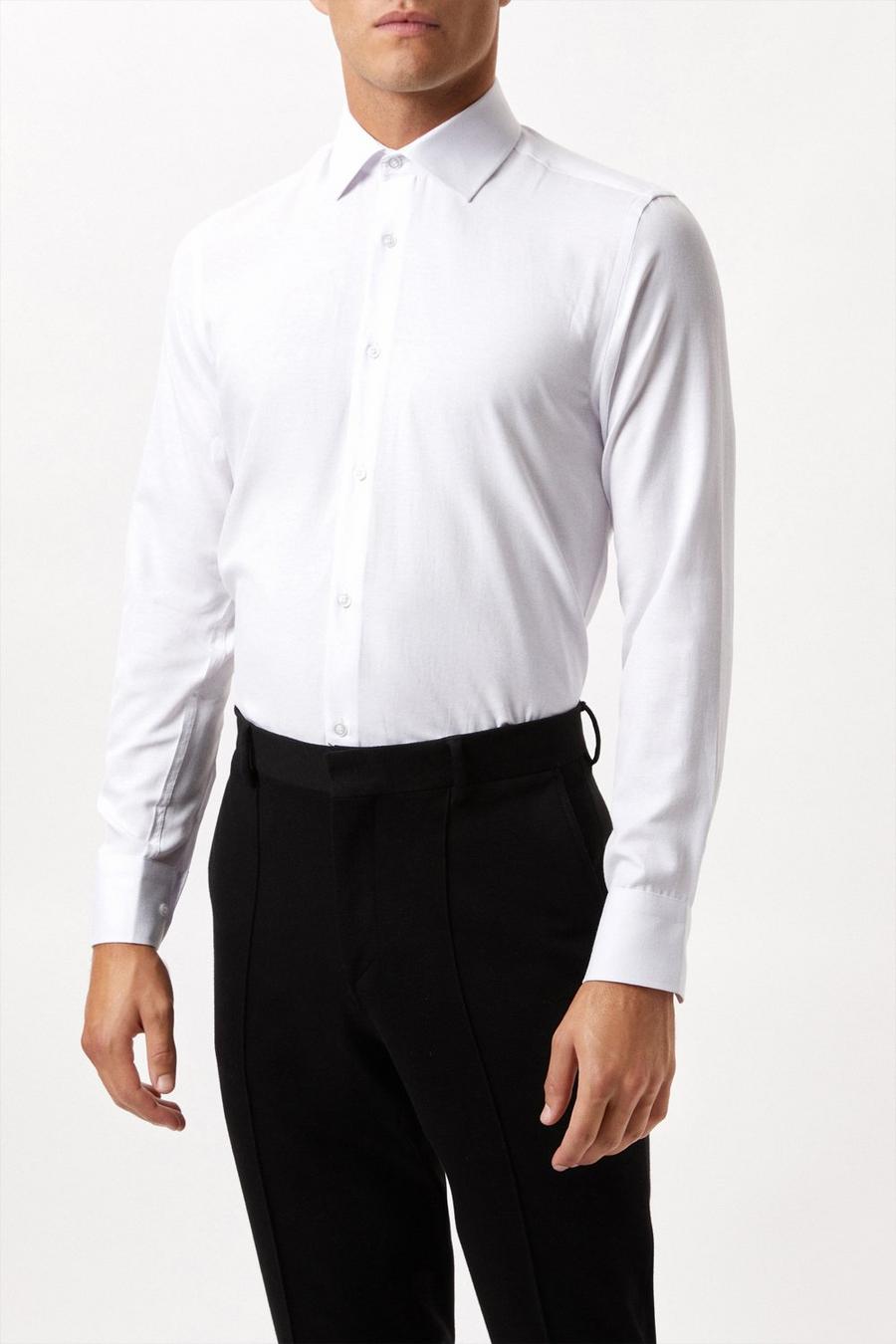 White Long Sleeve Tailored Fit Basket Weave Collar Shirt