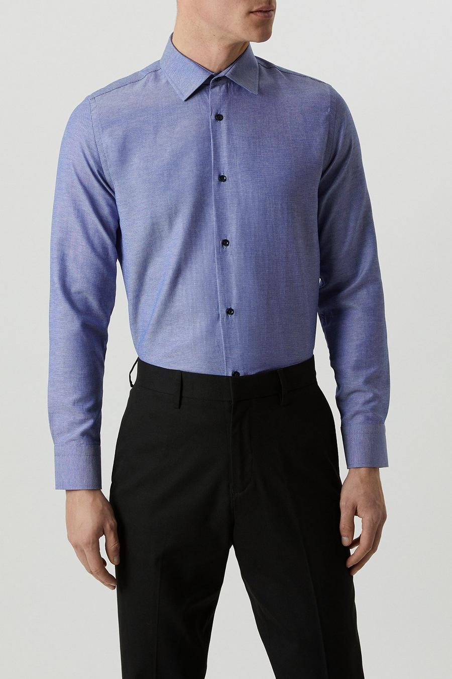 Long Sleeve Slim Blue Basket Texture Button Down Shirt