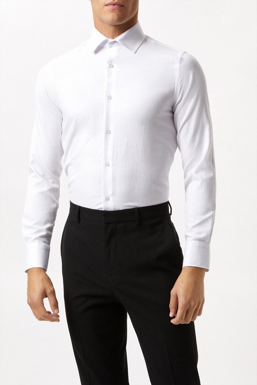 White Long Sleeve Slim Fit Basket Weave Collar Shirt