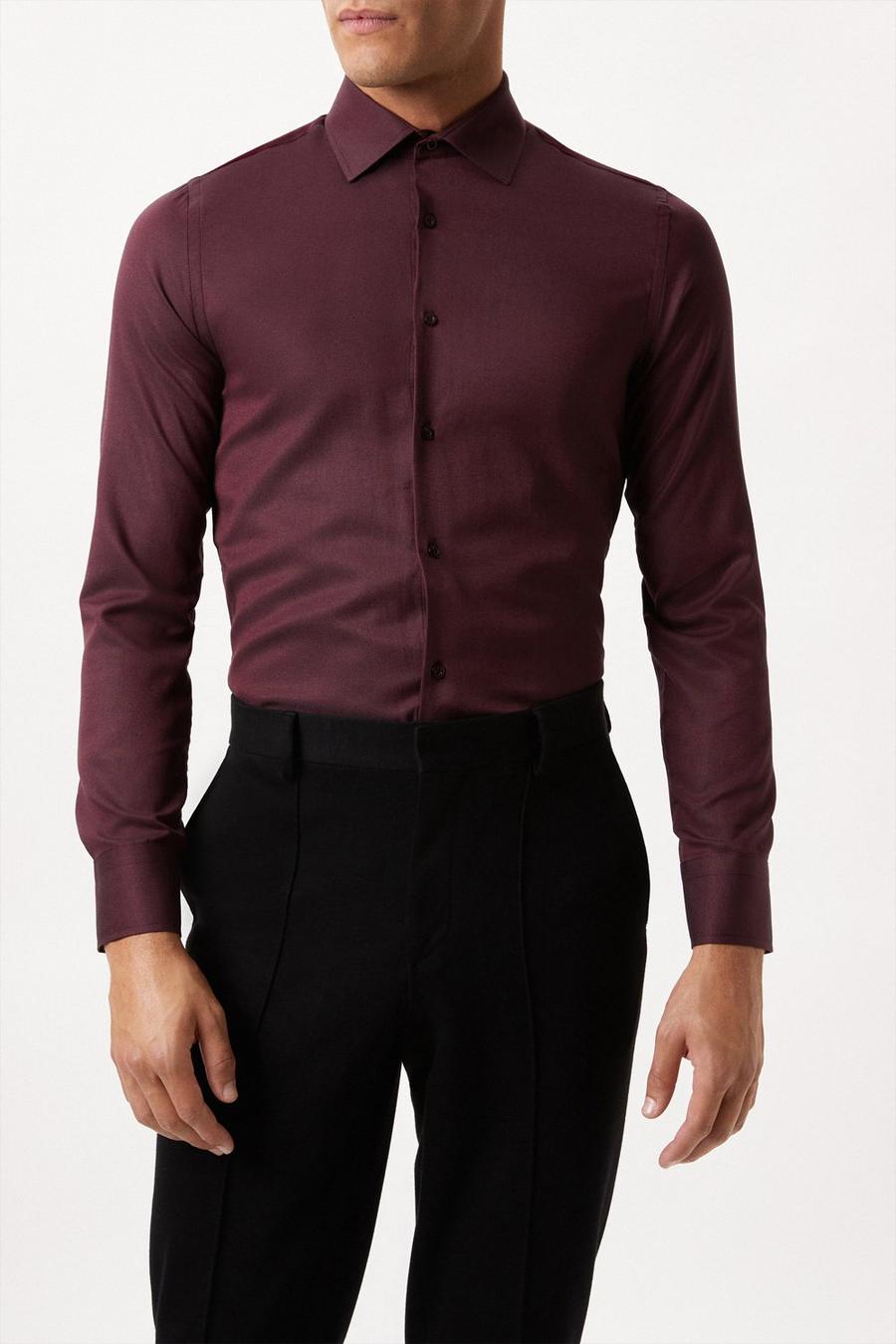 Burgundy Slim Long Sleeve Basket Weave Cutaway Collar Shirt