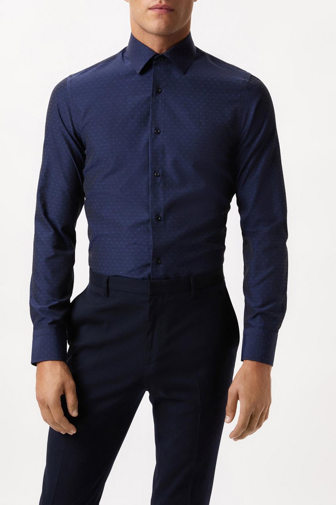 Navy Long Sleeve Slim Fit Tonal Spot Collar Shirt image number 1