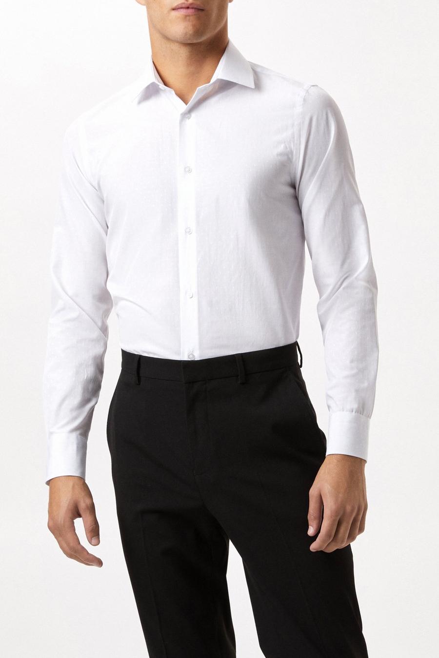 White Long Sleeve Slim Fit Tonal Spot Collar Shirt