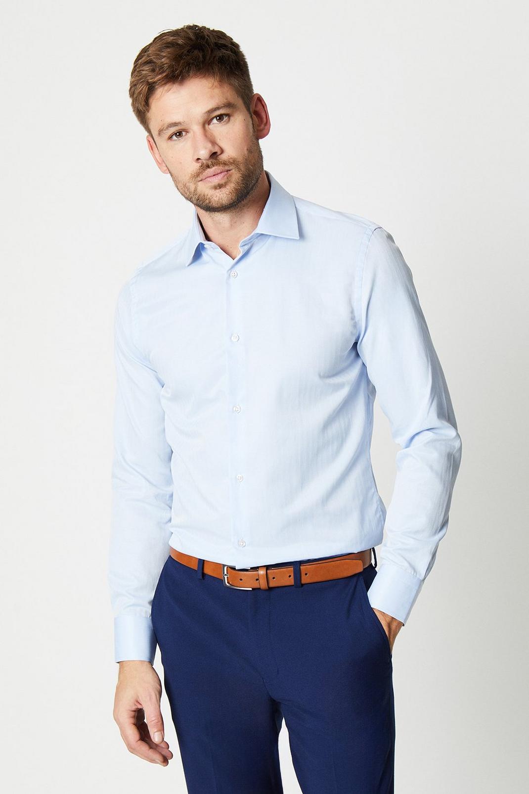 Blue Long Sleeve Slim Fit Herringbone Collar Point Shirt | Burton UK