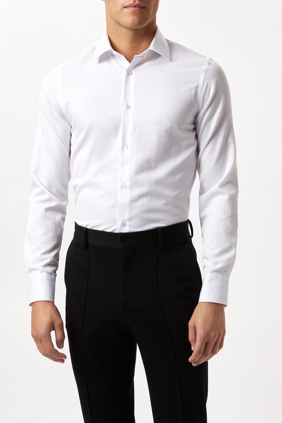 White Slim Fit Long Sleeve Herringbone Point Collar Shirt