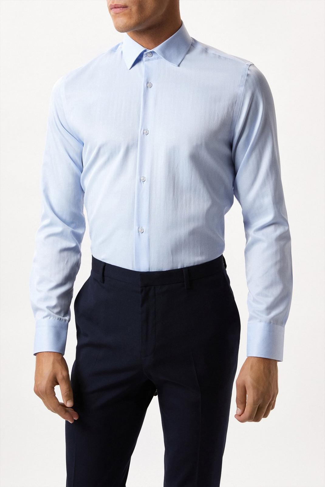 Blue Long Sleeve Tailored Fit Herringbone Collar Point Shirt image number 1