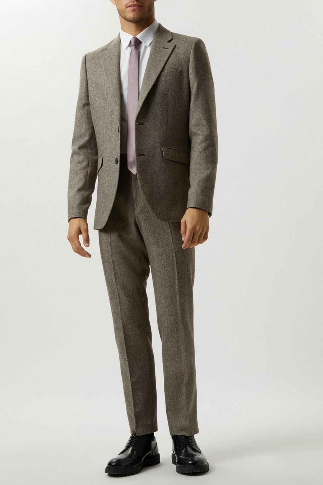 Slim Fit Neutral Basketweave Tweed Suit Jacket image number 1