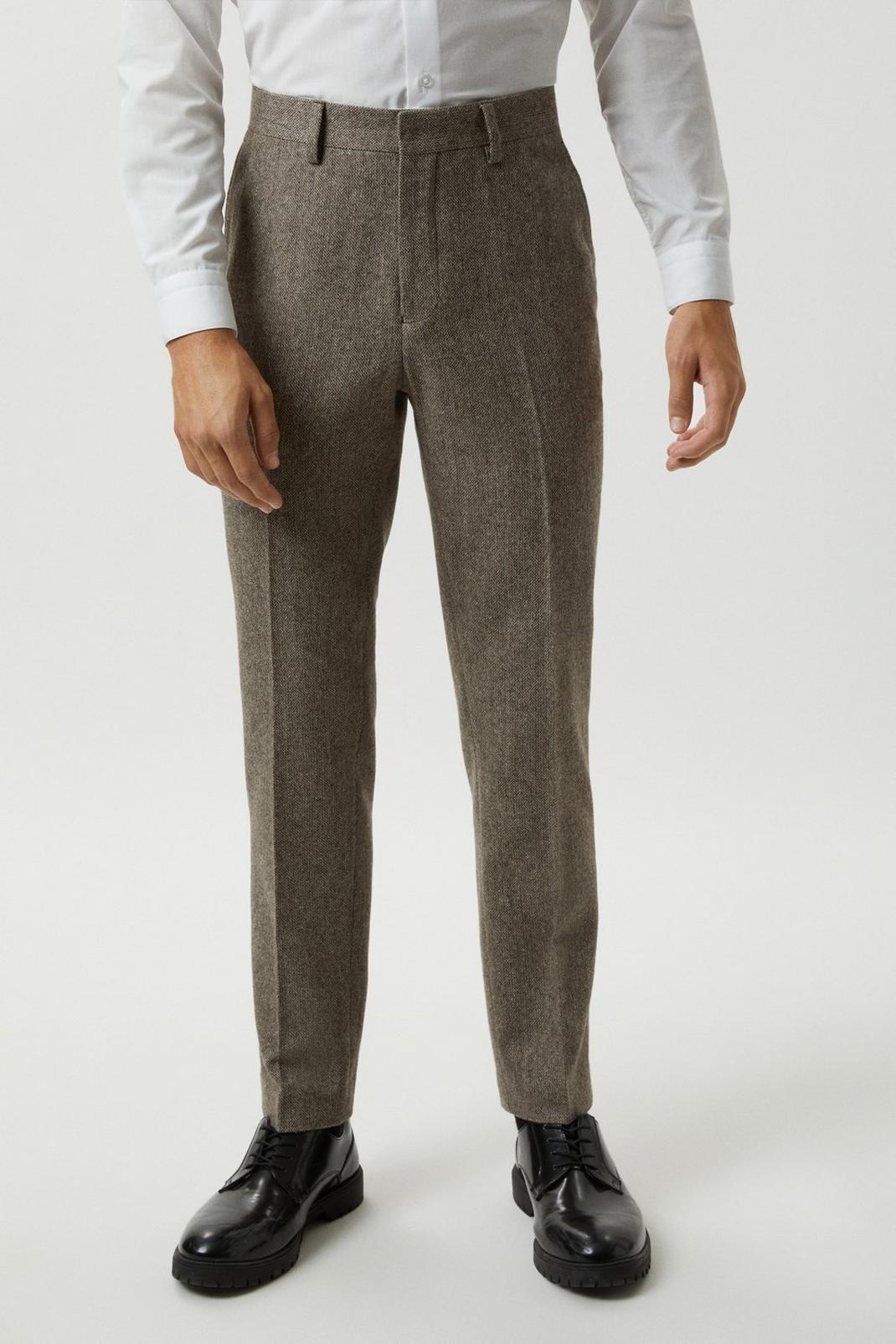Slim Fit Neutral Basketweave Tweed Suit Trousers image number 1