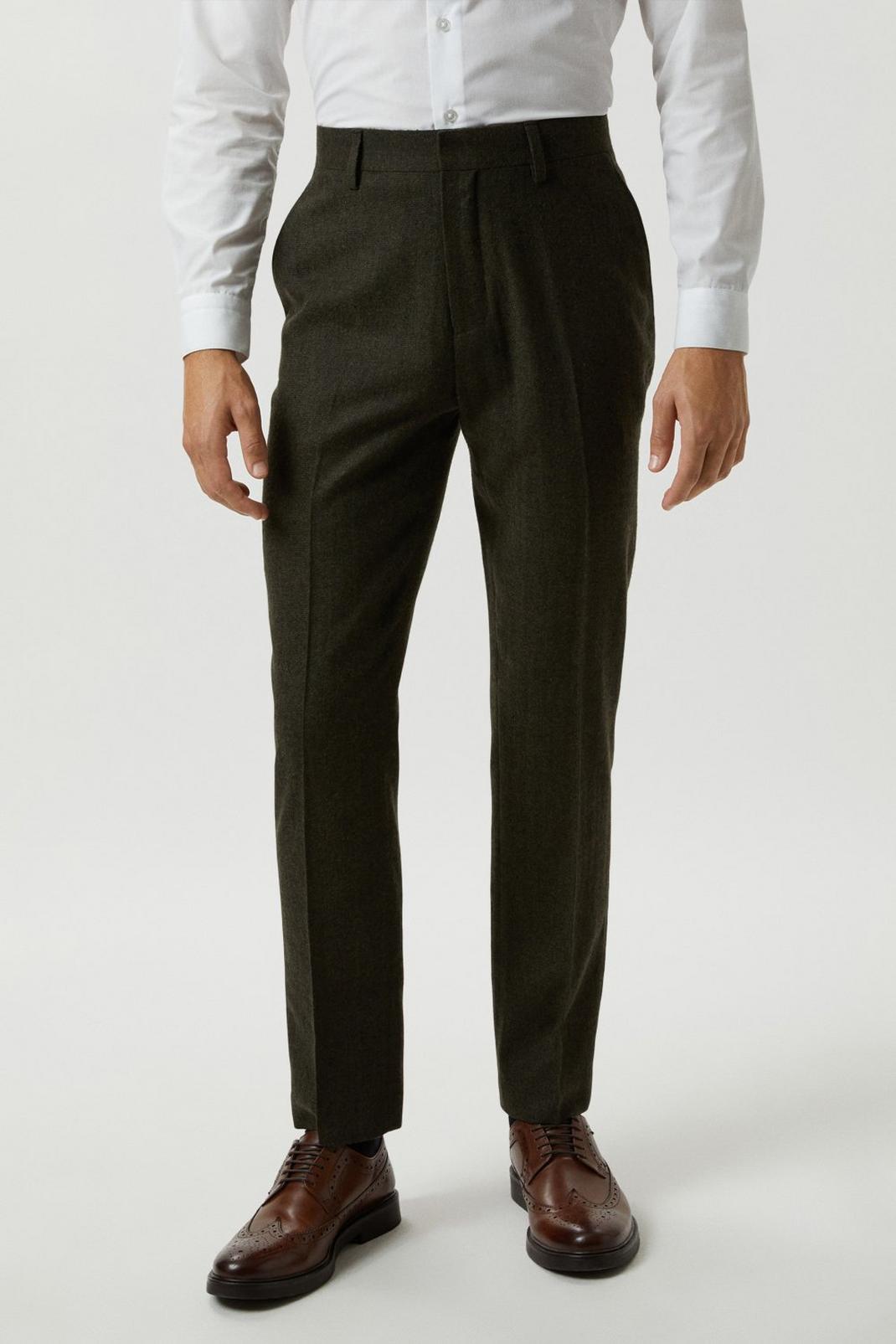 Green Slim Fit Khaki Basketweave Tweed Suit Trousers image number 1