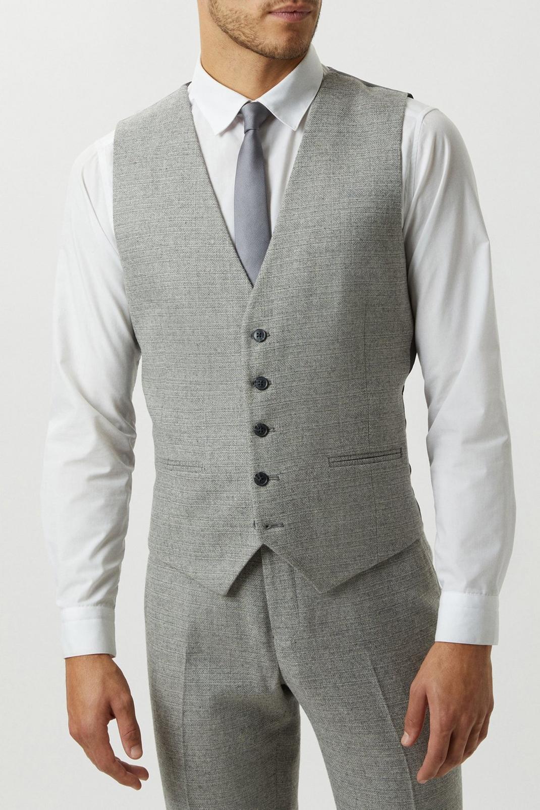 Slim Fit Light Grey Crosshatch Tweed Waistcoat image number 1
