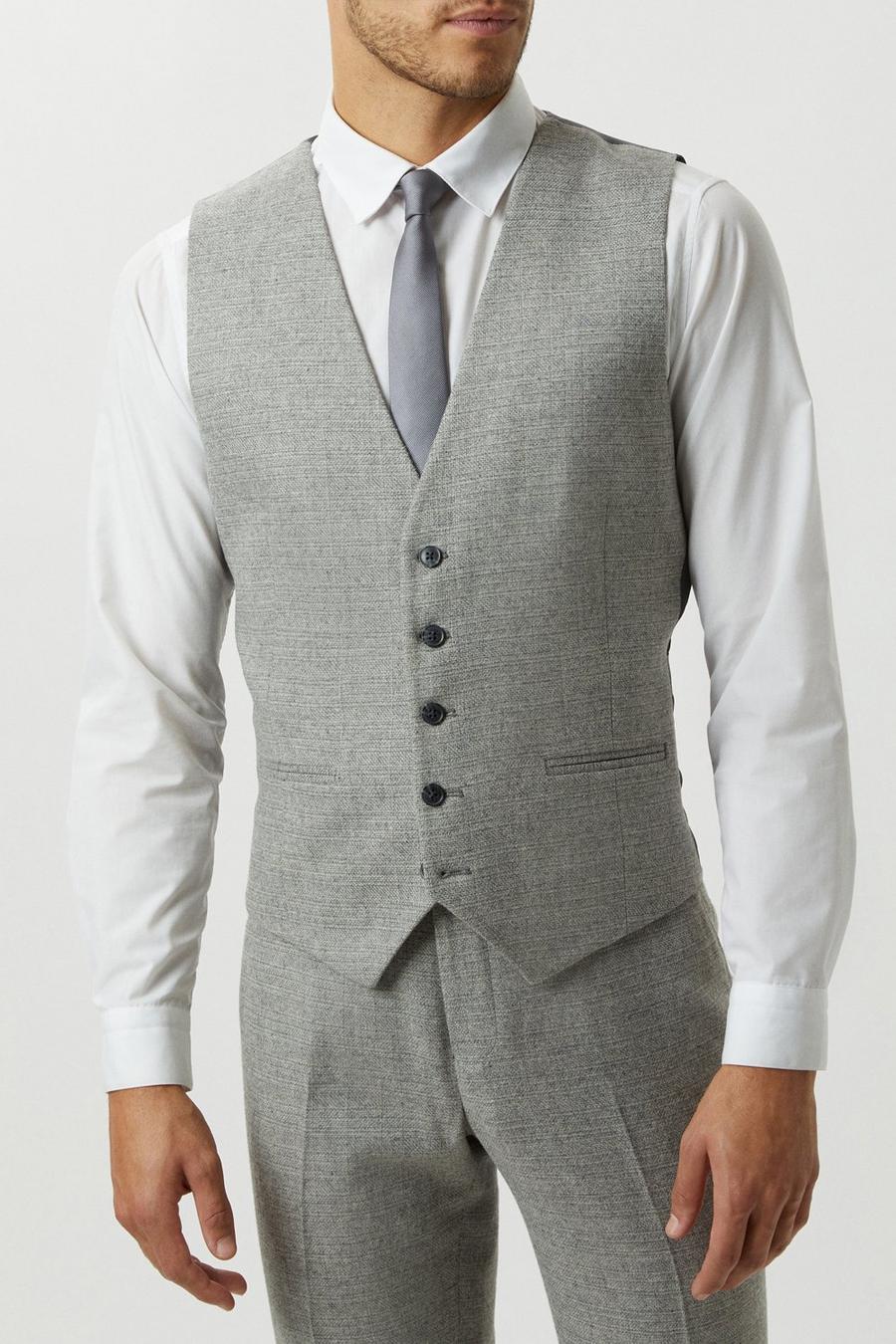 Slim Fit Light Grey Crosshatch Tweed Waistcoat