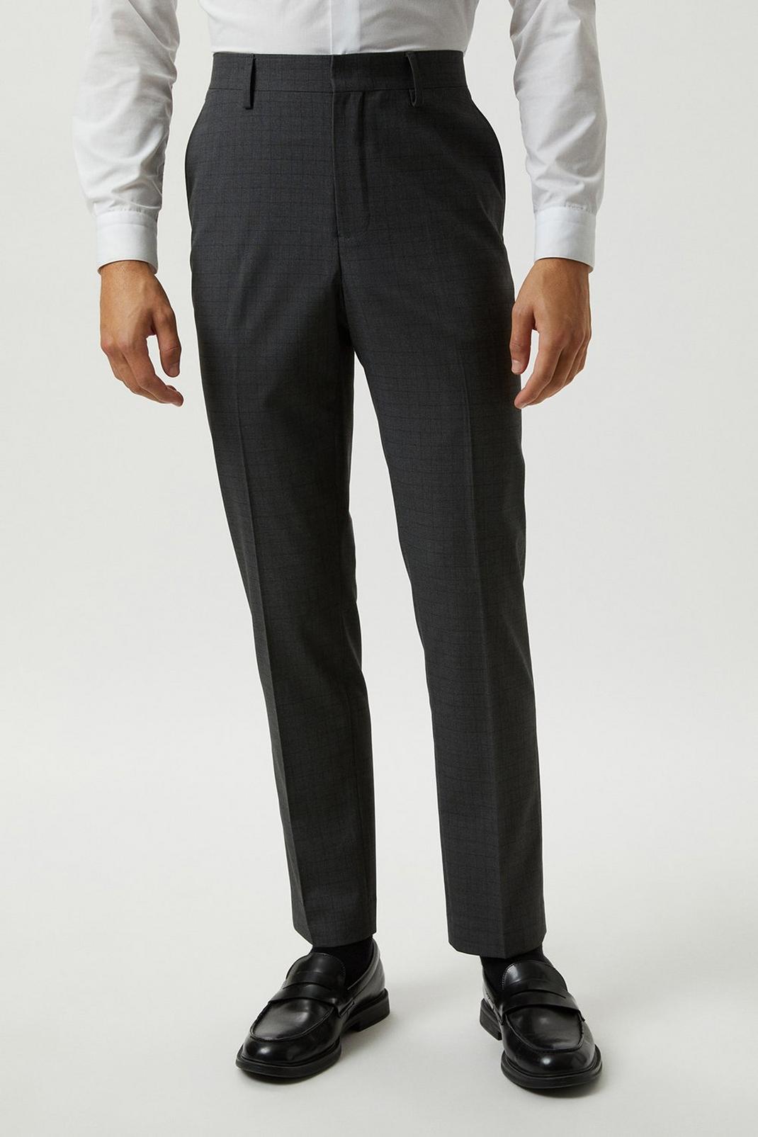 Skinny Fit Grey Grid Check Suit Trousers image number 1