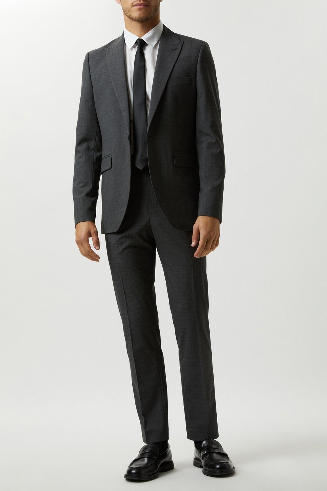 Skinny Fit Grey Grid Check Suit Jacket image number 1