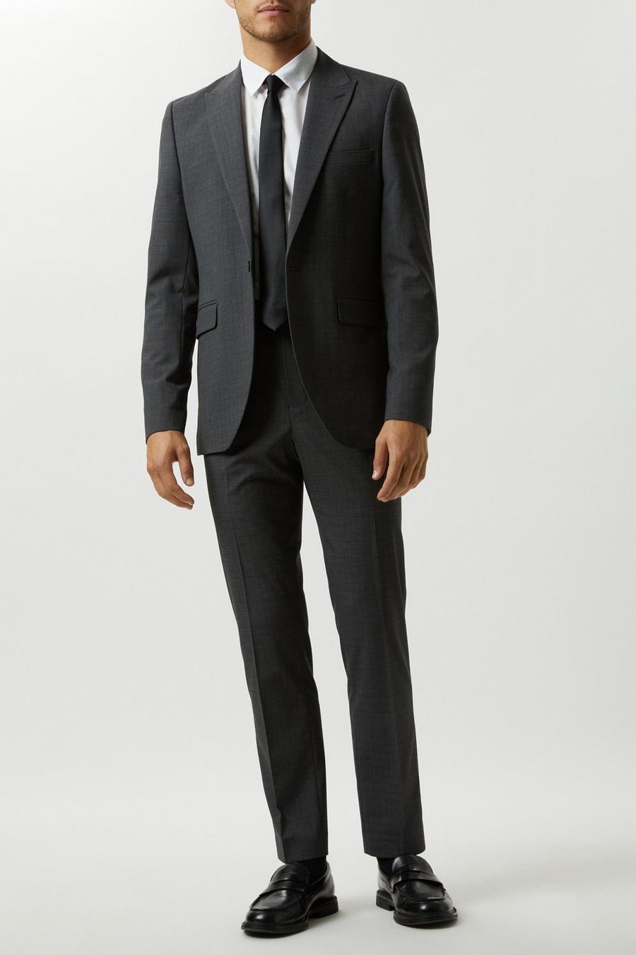 Skinny Fit Grey Grid Check Suit Jacket