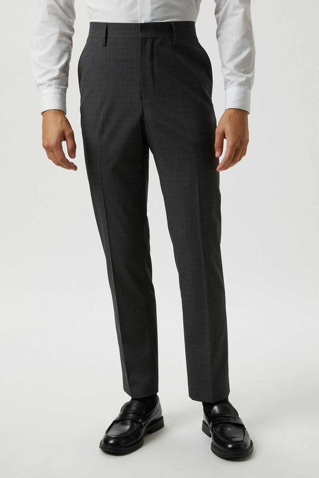 Slim Fit Grey Grid Check Suit Trousers image number 1